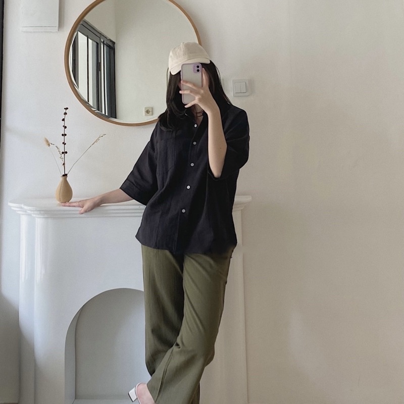 ilook | Kemeja Linen Single Pocket | Ovesized Shirt Linen | Atasan Wanita