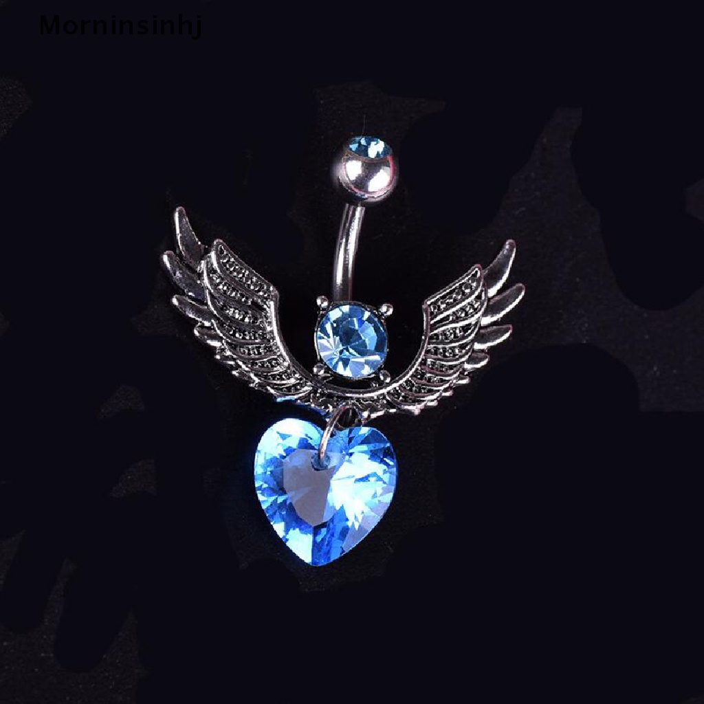 Mornin 16G Double Permata Kristal Hati Sayap Pusar Belly Button Cincin Perhiasan Tubuh id