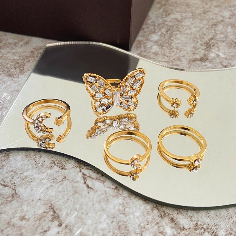 5pcs/set Cincin Terbuka Berlian Kupu-Kupu Fashion/Cincin Bulan Bintang Untuk Perhiasan Pesta Wanita