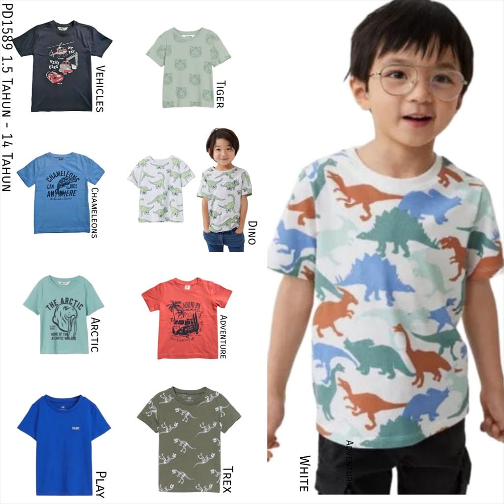 PD1589 Hm Tee Kaos Anak Cowok Dino Vehicles