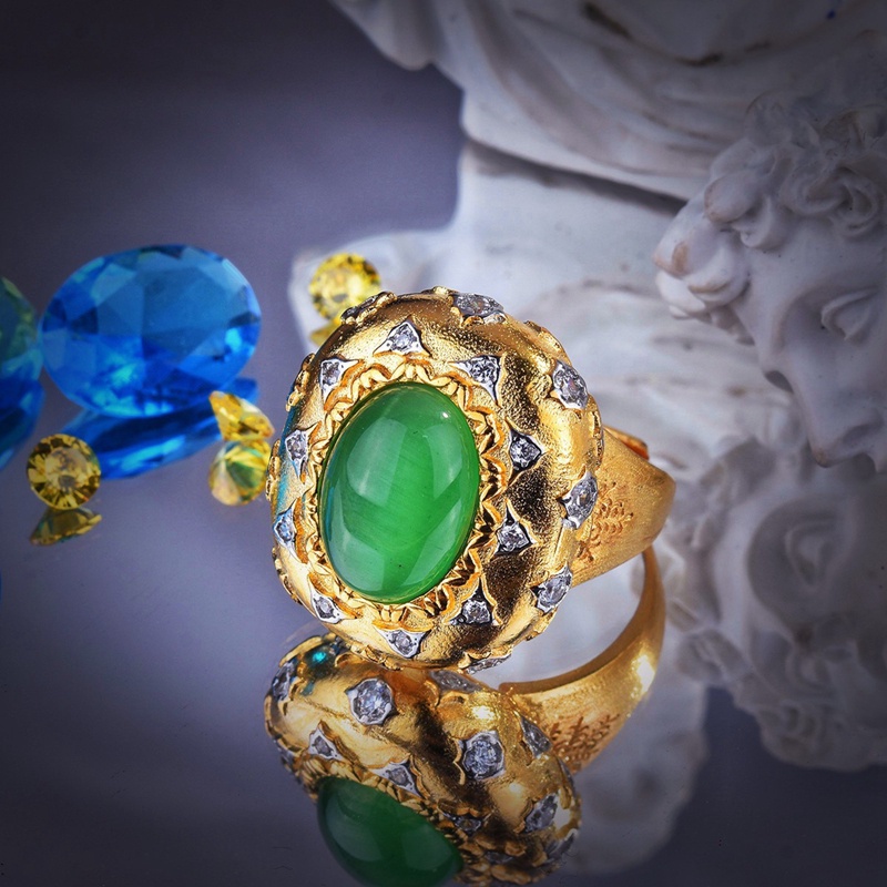 Itali Vintage Perhiasan Mewah Buatan Kualitas Tinggi Batu Hijau Zamrud Cincin Perjamuan Jari Aksesoris Untuk Wanita