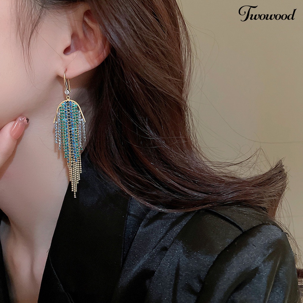 Twowood 1pasang Anting Panjang Glitter Perhiasan Statement Geometris Gaya Bohemian Warna-Warni Hias Berlian Imitasi Anting Rumbai Untuk Perjamuan