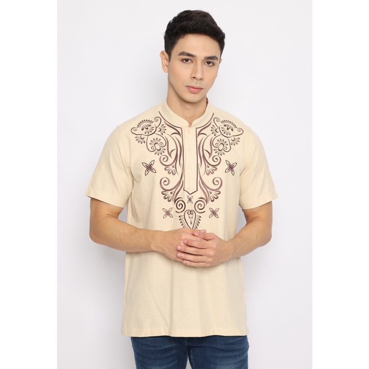 Baju Koko Linen Border Pria Lengan Pendek Al-Karim Creme 54312 By Hassenda