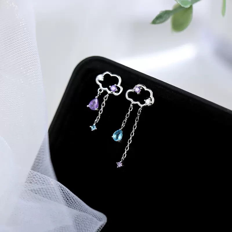 Fashion Asymmetric Cloud Rain Earring for Women Cute Korean Crystal Long Chain Tassel Earrings Party Jewelry