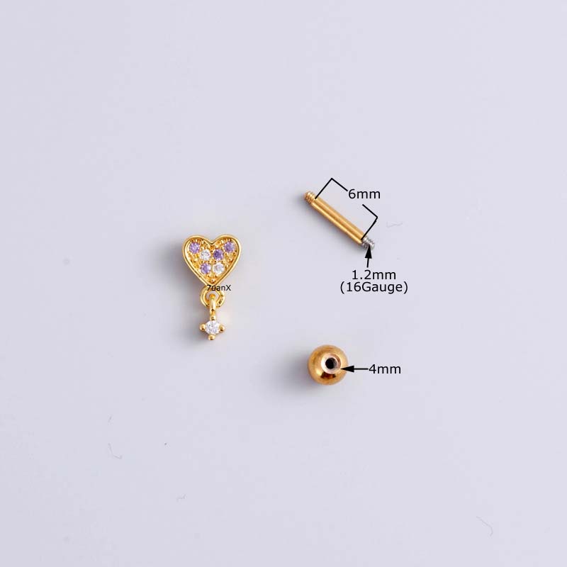 1biji Hati Bintang Bunga Kupu-Kupu Rantai Menjuntai Tulang Rawan Anting Stud Helix Pinna Lobe Piercing 16Gauge