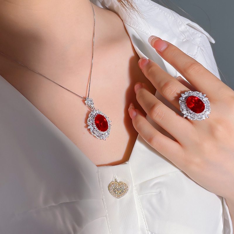 Goldkingdom Fashion Perhiasan Aksesoris Ready Stock Mewah Mawar Merah Berlian Turmalin Kalung Rasa Tinggi Temperamen Merah Korundum Burung Merpati Telur Cincin Liontin Harta Karun Warna-Warni Set