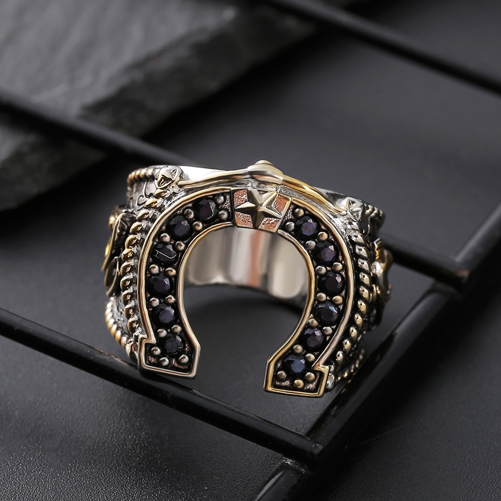 Goldkingdom Aksesoris Perhiasan Fashion Ready Stock Western Spirit Horseshoe Ring Denim Boots Berlapis Emas Nada Ganda Berlian Celup Hitam Pria Cincin