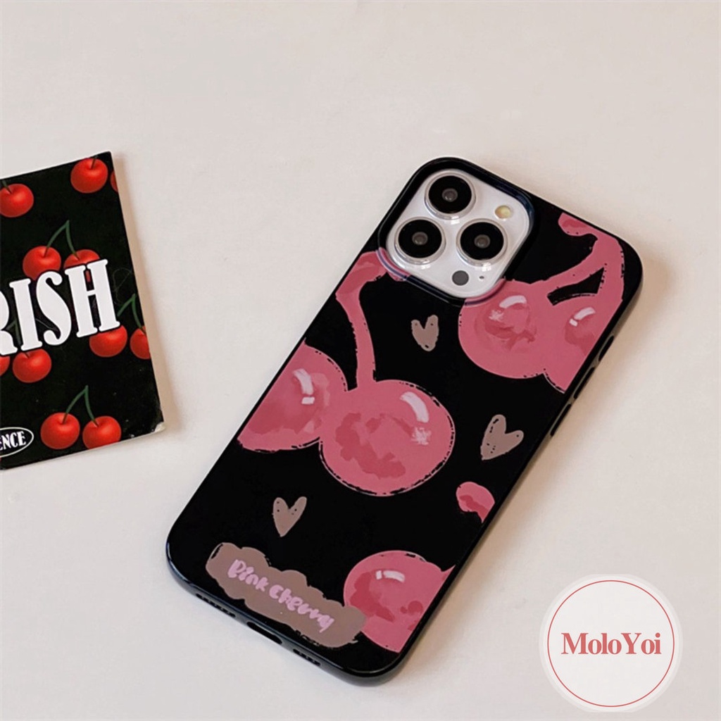 IPHONE Casing Ponsel Kompatibel Untuk Iphone14 13 11 12 Pro Max7 8 Plus XR 7plus X XS Max SE 2020 Imut Love Hati Kartun Pink Cherry Smiley Shockproof Glossy Halus Keren Hitam Soft Cover