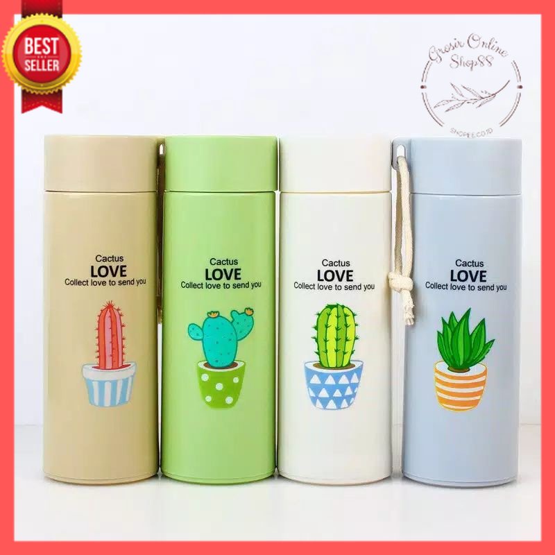 GOS -F404- Botol Minum Kaktus Thermos Kaca - Botol Kaca Minum Botol Motif Cactus Love 450ml