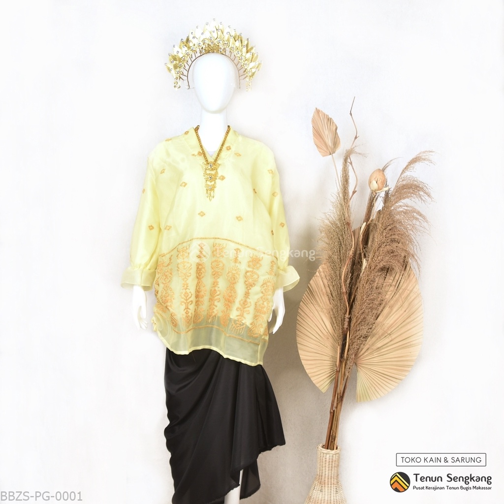 Baju Bodo Organza Modern Sulam Bugis Makassar Lengan Panjang Kuning Gold - Tenun Sengkang BBZS-PG-0001  (Harga per Pcs)
