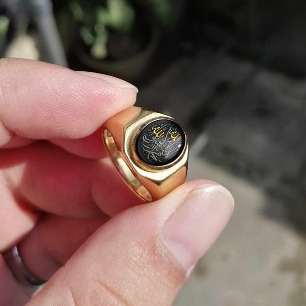 CINCIN TAUHID LAFADZ ALLAH ISLAM PRIA MODEL AKIK SEGI 8 KACA CEMBUNG BAHAN PREMIUM TITANIUM ANTI KARAT TIDAK LUNTUR