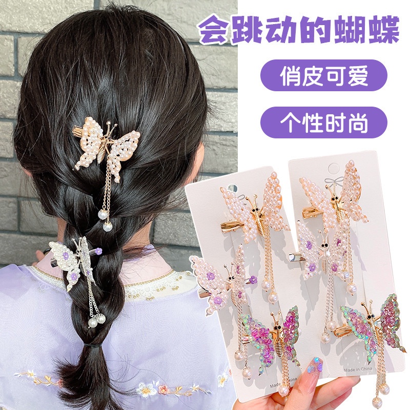 Klip Rambut Hias Kupu Bergerak Jepit Rambut Logam hair clip Sayap Ayun top clip lovely Aksesoris Rambut Wanita A Mutiara Rumbai butterfly hair clip