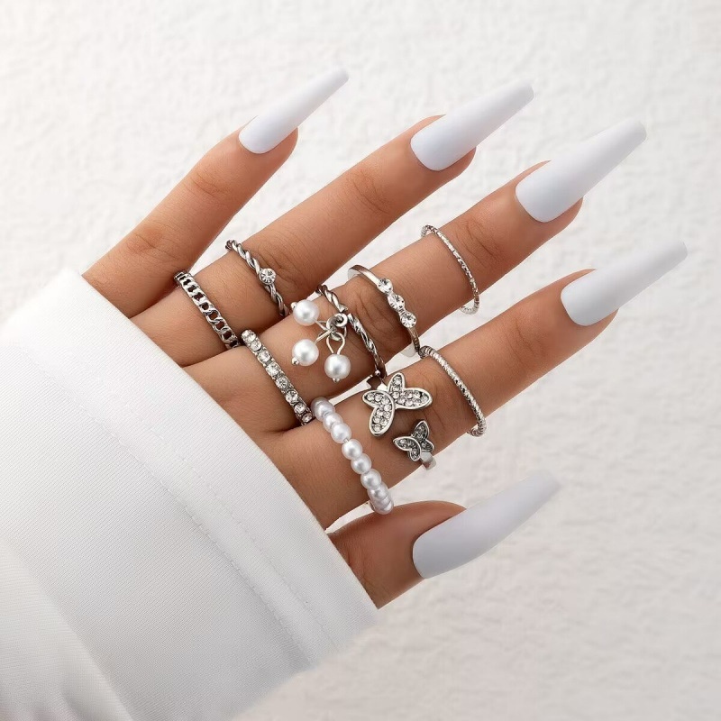 7 Pcs Set Wanita Fashion Bohemia Berongga Kupu-Kupu Cincin Wanita Vintage Elegan Kristal Mutiara Adjustable Terbuka Jari Cincin Gadis Halus Halus Tipis Cincin Populer Perhiasan Aksesoris