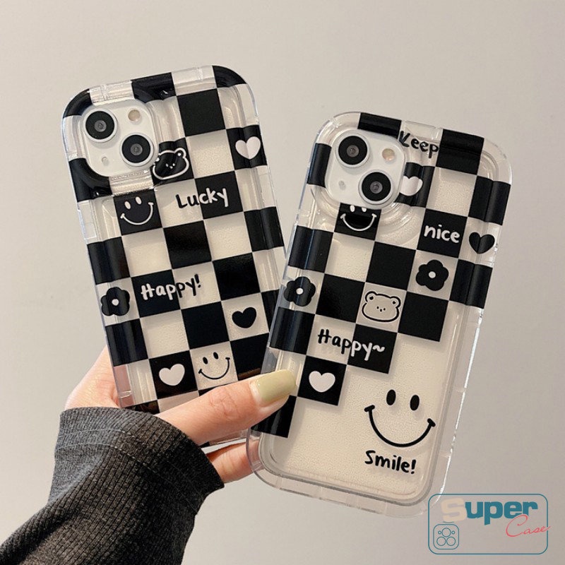 Checkerboard Couple Smiley Case Untuk Realme C53 C21Y C55 C35 C11 C25Y C12 C30 C25 C20 C11 C33 C17 C30S C15 C20A C25s C3 C2 7I 9I 6i 5 5i 5s Cinta Hati Beruang Bunga Lembut Airbag Case