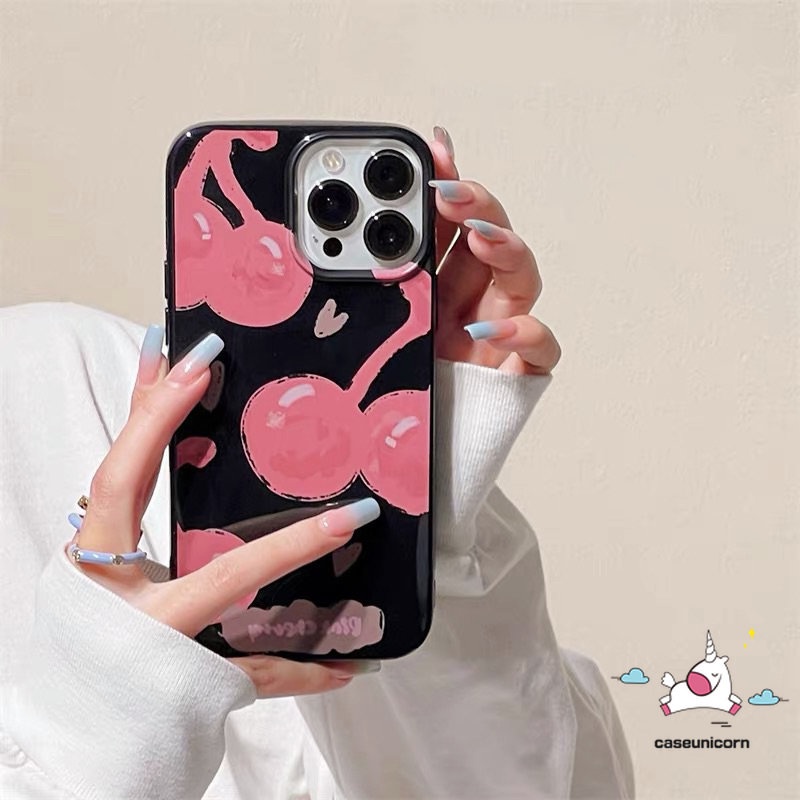 Casing Ponsel Smiley Glossy Lucu Yang Indah Kompatibel Untuk IPhone 11 Pro Max7 8 Plus XR 13 12 14 Pro Max X XS Max SE 2020 Kartun Pink Cherry Shockproof Halus Keren Hitam Soft Cover