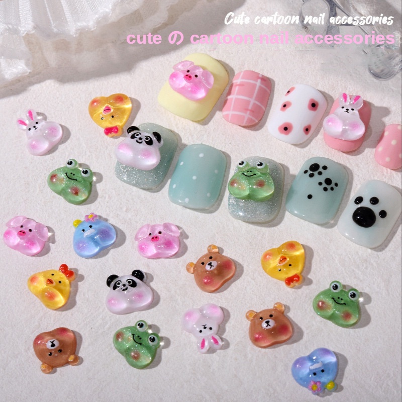 [Harga Grosir] 10 Pcs Kartun Lucu Beruang Kelinci Kodok Kuku Seni Pesona 3D Resin Datar Kembali Hewan Nail Art Hiasan Hias DIY Manicure Dekorasi Batu Kuku Makeup Aksesoris