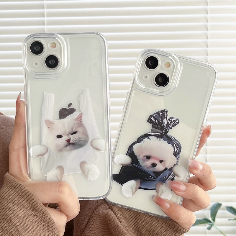 Iphone 14 Pro max cute kitten and puppy i14 13 11 12 case Pelindung Handphone x xr xsmax Silikon Transparan Tahan Jatuh