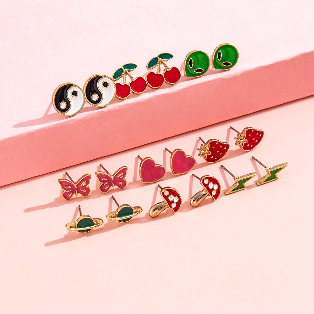 Lucu Dan Menarik Buah Cherry Strawberry Kupu-Kupu Petir Alien Yin Dan Yang Anting Set Kepribadian Kreatif Anting Warna