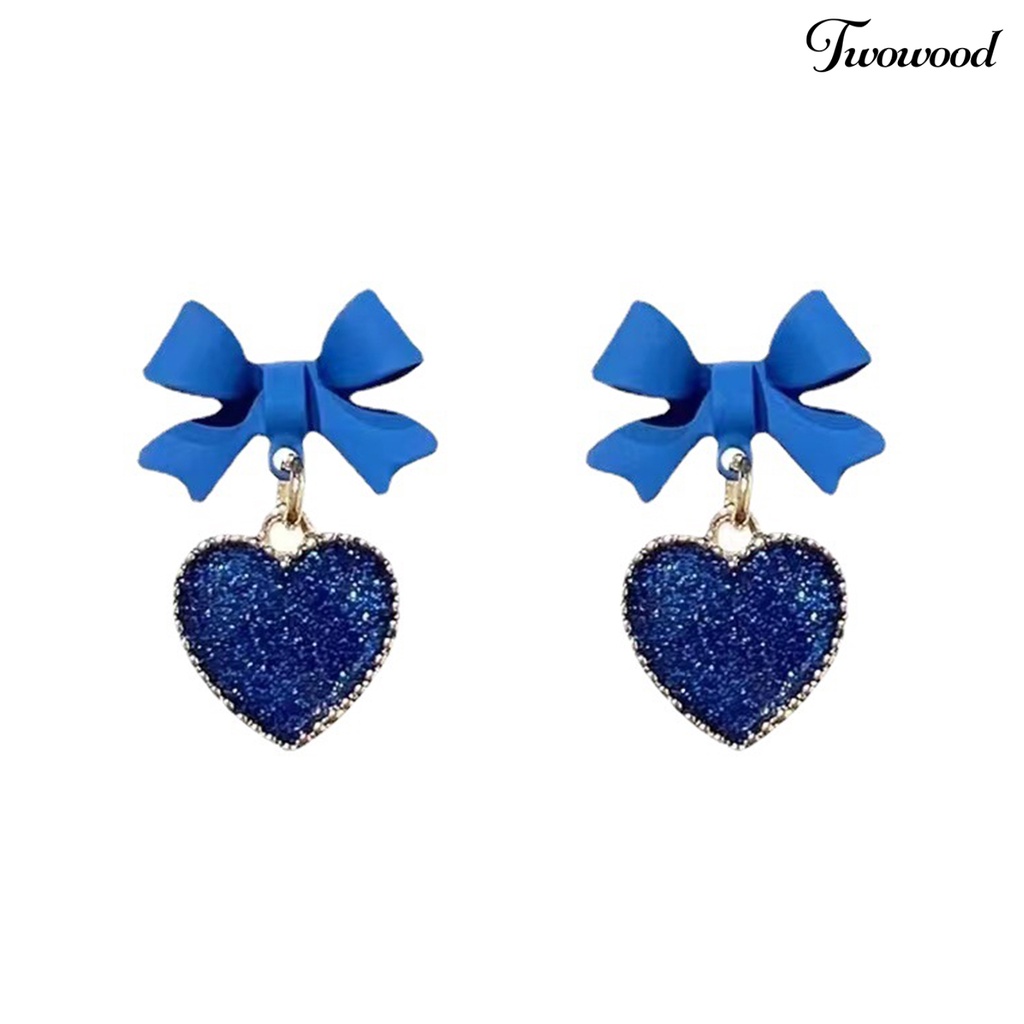 Twowood 1pasang Drop Earrings Glitter Ikatan Simpul Telinga Dekorasi Warna Biru Langit Temperamen Cinta Hati Hias Berlian Imitasi Anting Untuk Perjamuan