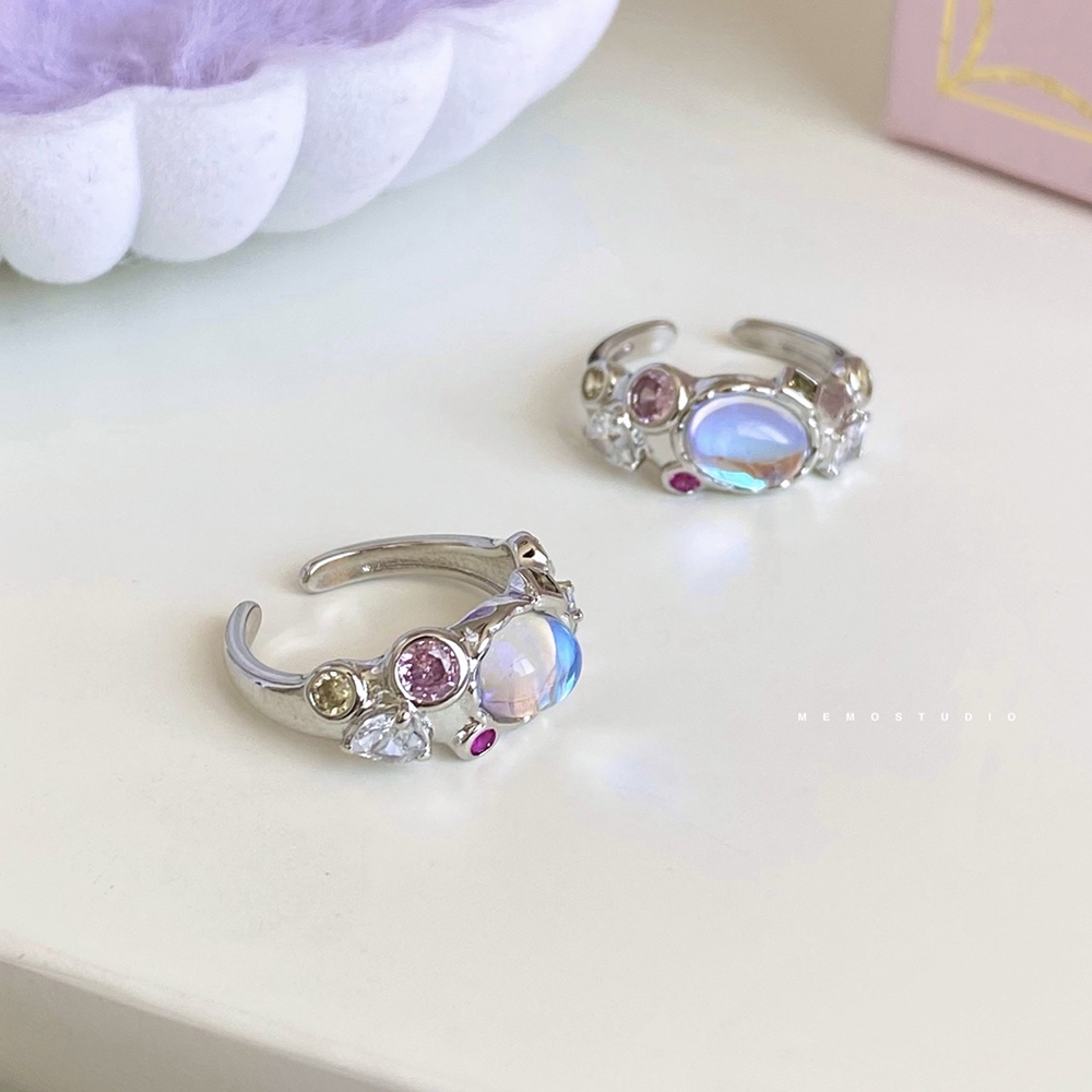 Cincin Moonstone Warna-Warni Manis Untuk Wanita Silver Zircon Open Ring Aksesoris