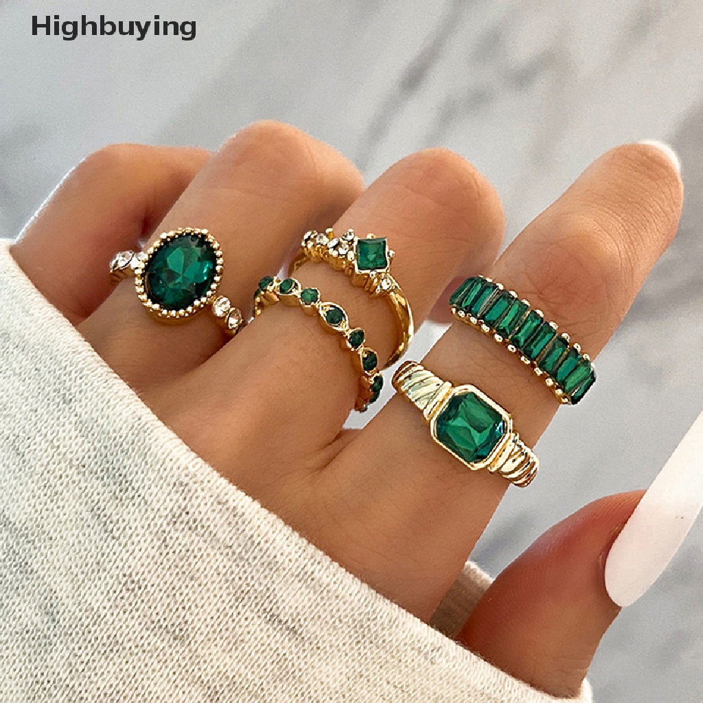 Hbid 5 Pcs Hijau Kristal Cincin Set Untuk Wanita Geometris Hias Berlian Vintage Rings Set Geometris Lady Perhiasan Hadiah Glory