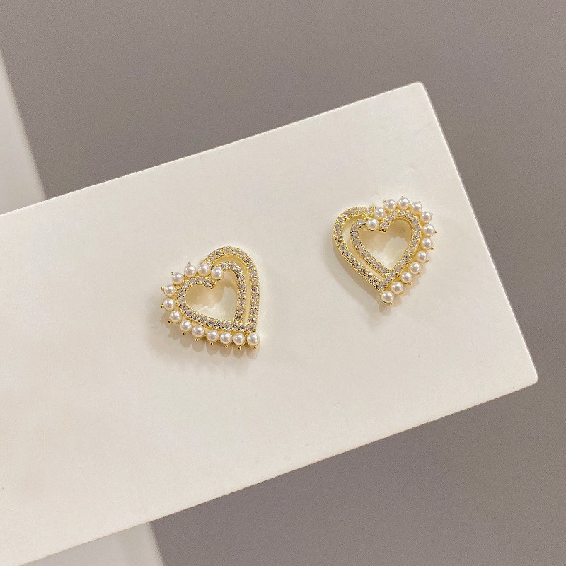 Versi Korea Dari Anting Cinta Dua Lapis Baru Anting Mutiara Berlian Wanita S925 Anting Jarum Perak Hadiah Antik