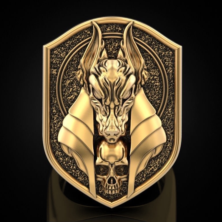 Goldkingdom Fashion Perhiasan Aksesoris Ready Stock Kreatif Mitologi Mesir Kuno Kematian Dewa Anubis Cincin Vintage Jackal Kepala Tubuh Berlapis Emas Asli Kadar 375 18 K Laki-Laki Cincin