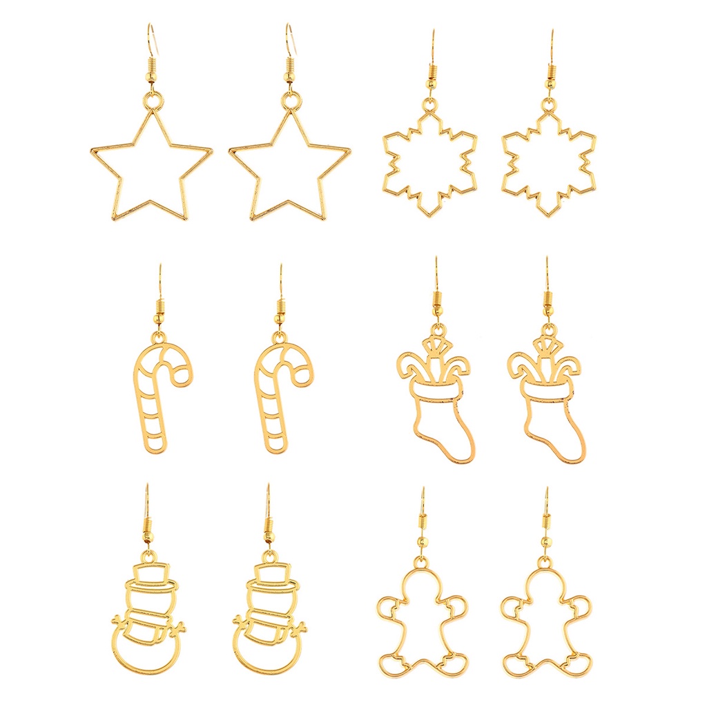 Liburan Indah Natal Seri Anting-Anting Berongga-out Bintang Emas Snowflake Snowman Natal Stoking Liontin Anting-Anting 6pasang