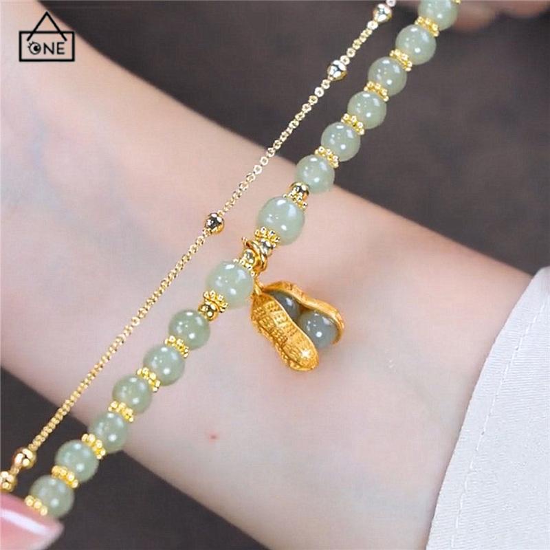 COD❤️Gelang Rantai Emas Hijau Liontin Kacang Gaya Cina Retro Untuk Wanita-A.one