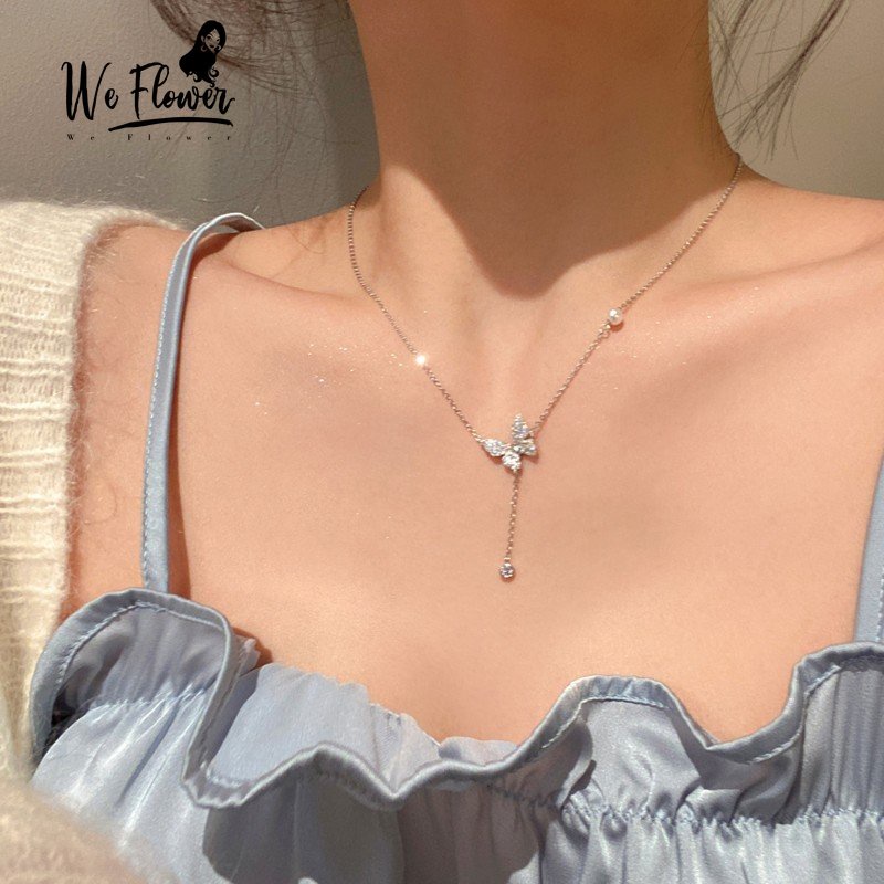 Kami Bunga Halus Perak Rumbai Rantai Mutiara Sparlking Kupu-Kupu Liontin Kalung Untuk Wanita Perempuan Korea Fashion Tulang Selangka Rantai Kalung Perhiasan Aksesoris