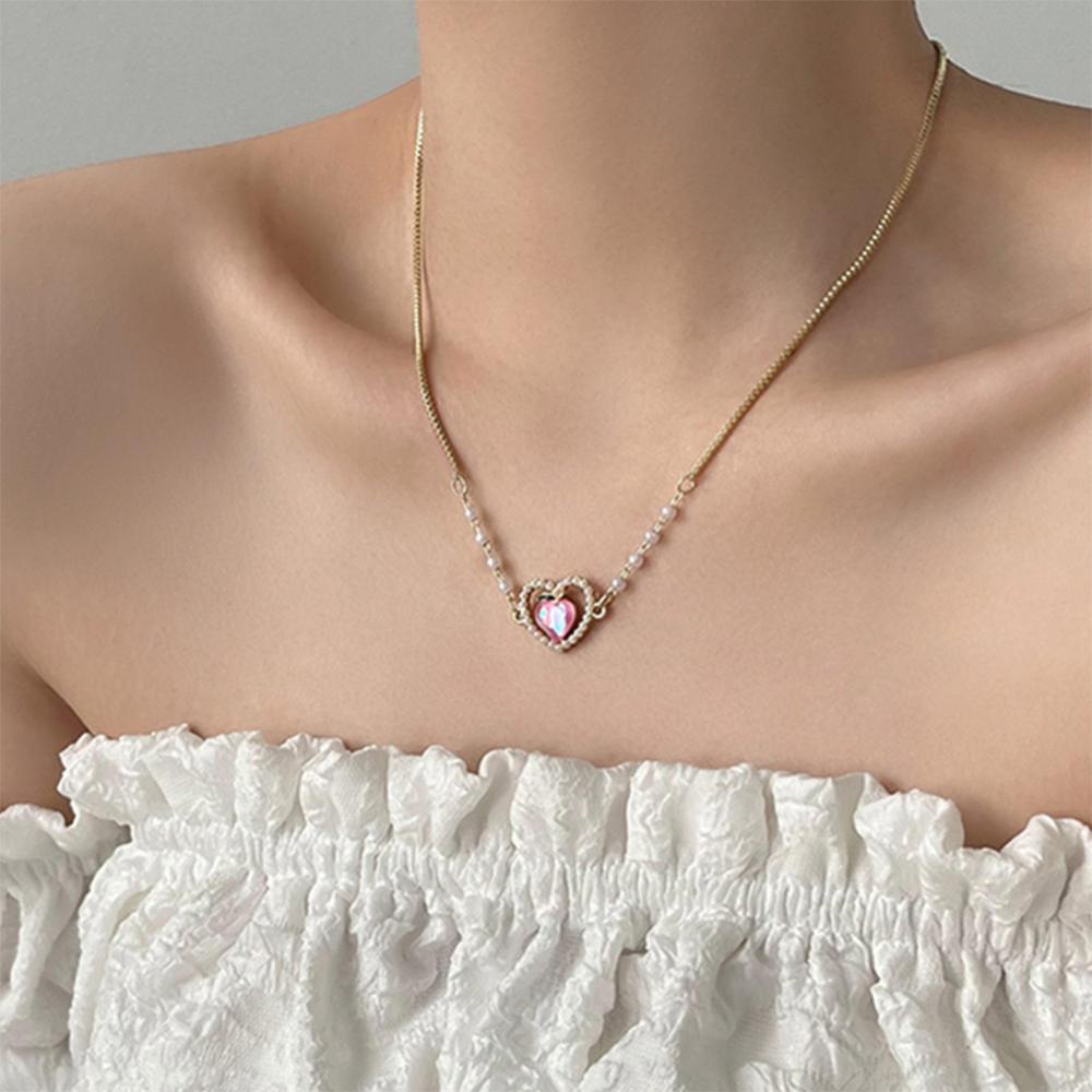 Timekey Peach Mutiara Imitasi Gelang Kalung Paduan Sederhana Cinta Liontin Klavikula Rantai Kalung Gelang Perhiasan D7F4