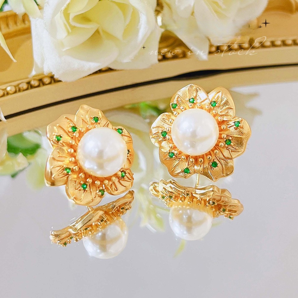 Goldkingdom Fashion Perhiasan Aksesoris Ready Stock French Vintage Pearl Stud Earrings Wanita Mewah Berlian Hijau Bunga Anting Cahaya Mewah Gaya