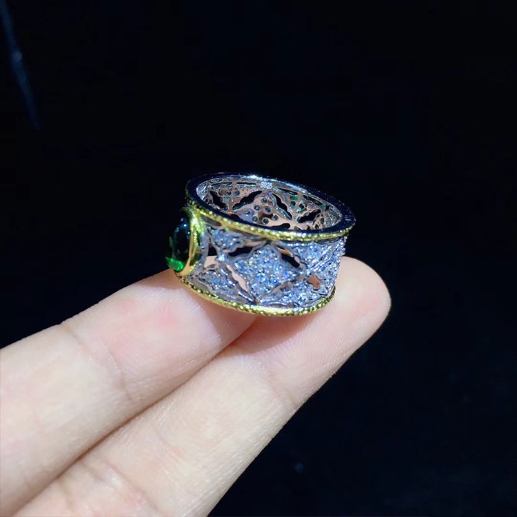 Goldkingdom Aksesoris Perhiasan Fashion Ready Stock French Retro Woven Grafir Emas Asli Kadar 375 Digambar Tangan Yang Dapat Disesuaikan Cincin Set Dengan Zamrud Colombia Ring