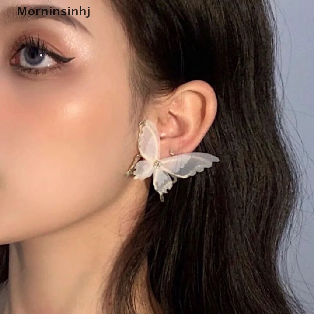 Mornin Anting Kupu-Kupu Jala Besar Romantis Tulle Hewan Hitam Putih Butterfly Stud Earrings Pesta Pernikahan Fashion Perhiasan id