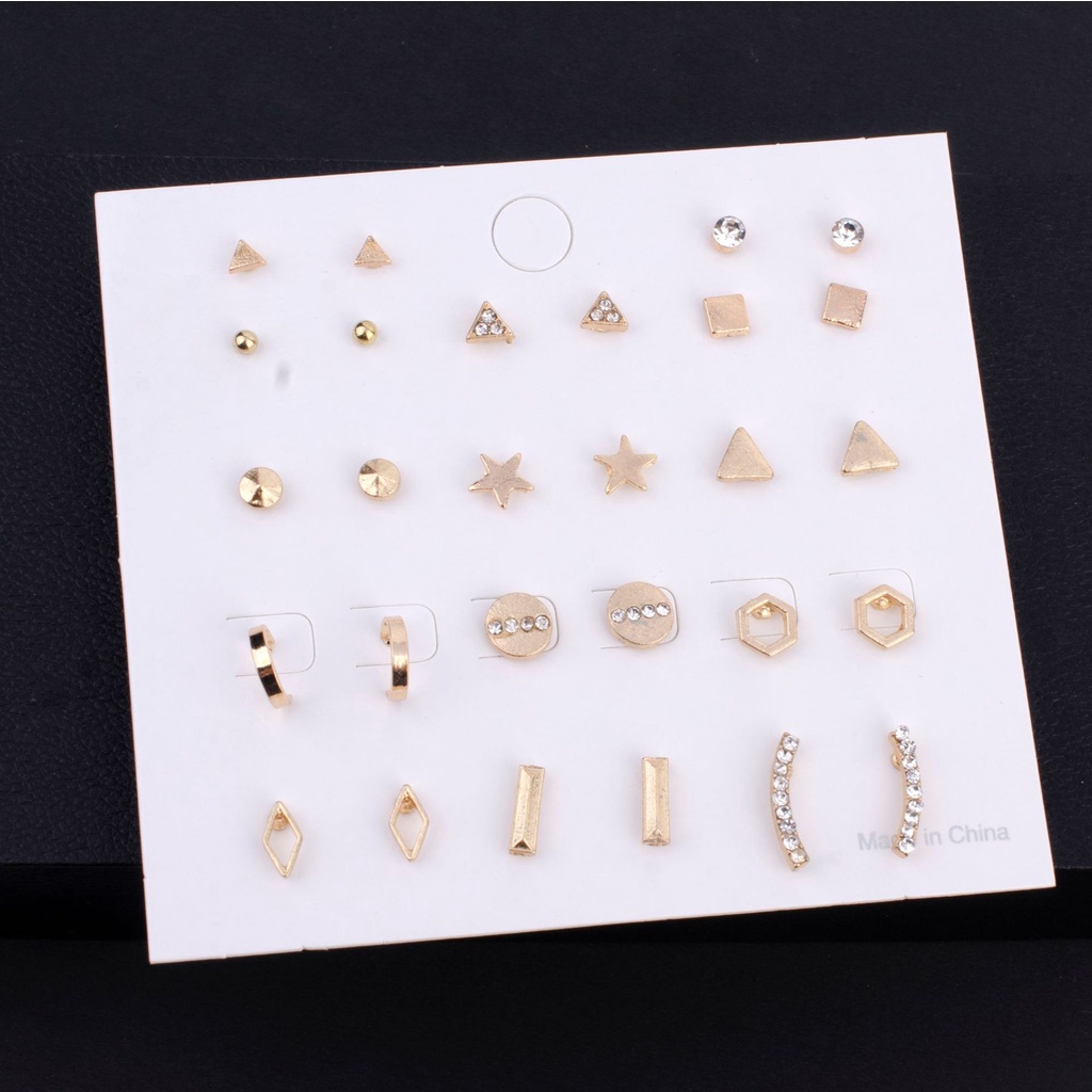 Tren Fashion Kepribadian Sederhana Persegi Berujung Lima Bintang Anting Geometris Dengan Berlian Segitiga Kepribadian 14-piece Earring Set