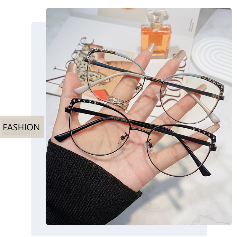 Kacamata Cat Eye Diamond Blocking Blue Light Untuk Wanita Lensa Yang Dapat Diganti Bahan Metal