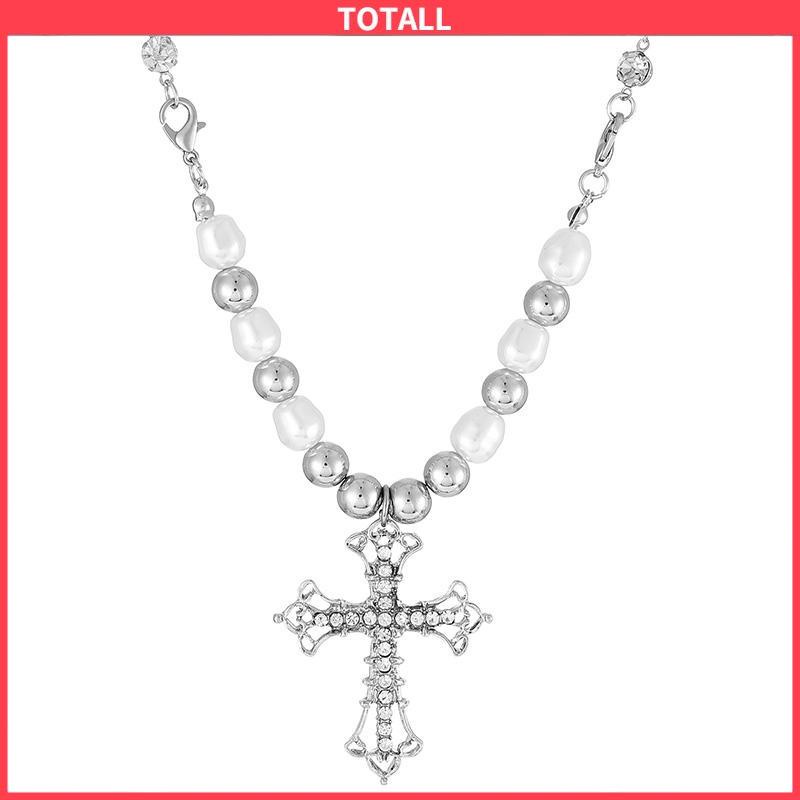 COD Kalung Alloy Vintage Pearl Cross Pendant Punk Sweter Serbaguna Wanita-Totall