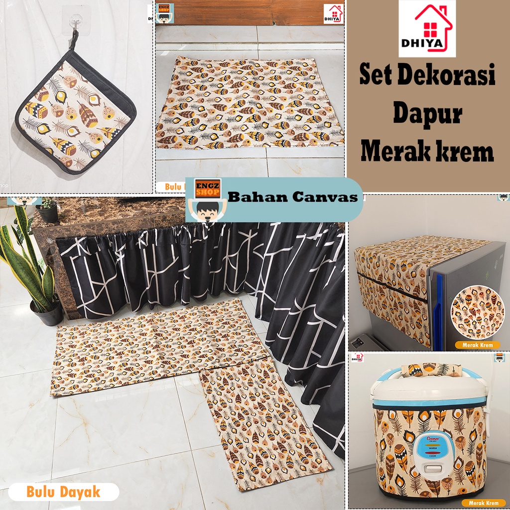 Set Dekorasi Dapur Bahan Kanvas Motif Merak Krem