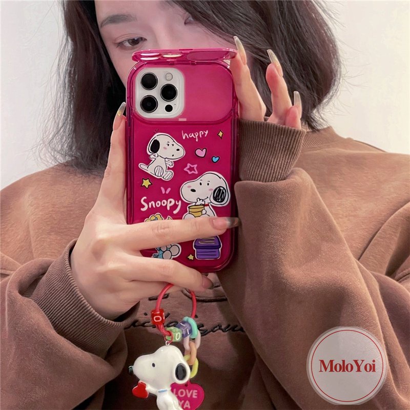 IPHONE Kartun Snoopy Flip Make Up Cermin Casing Kompatibel Untuk Iphone11Xr 8 7 14 Plus 14 13 12 Pro MAX X XS MAX SE 2020 Kreatif Shockproof Soft TPU Phone Back Cover Case