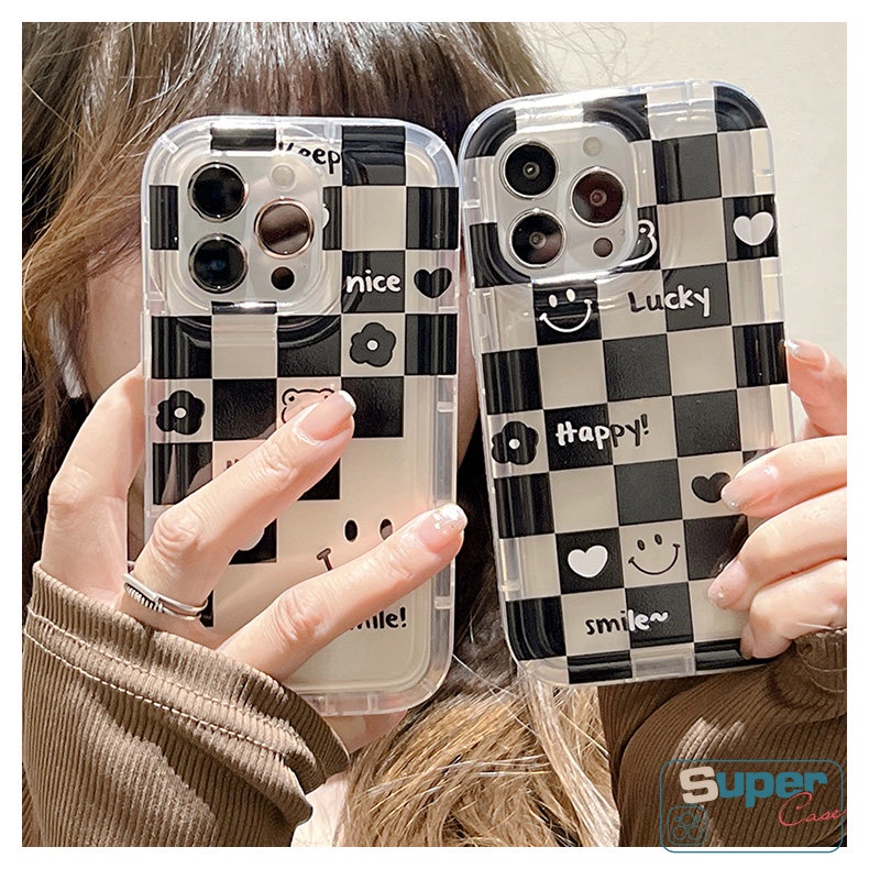 Ins Kotak-Kotak Lucu Smiley Pasangan Ponsel Casing Untuk Redmi 12C 10C 9 10 A1 9A 9T 10A 9C NFC Note9 10s 11 11s Note8 POCO F4 Shockproof Anti Jatuh Airbag Transparan Lembut Tpu Cover