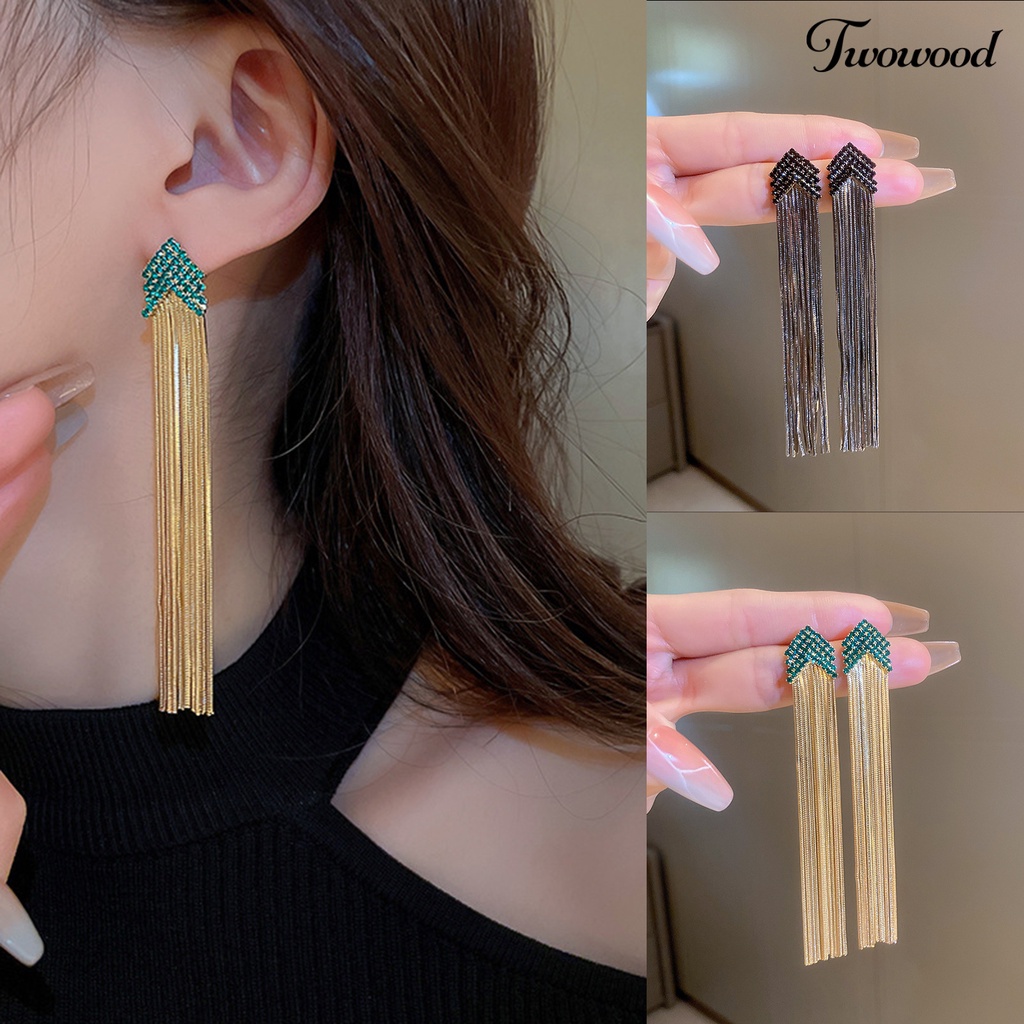 Twowood 1pasang Anting Pejantan Bohemian Panah Segitiga Berlian Imitasi Mengkilap Hias Berkilau Berdandan Hadiah Wanita Rantai Panjang Rumbai Menjuntai Anting-Anting Perhiasan Aksesori Fashion