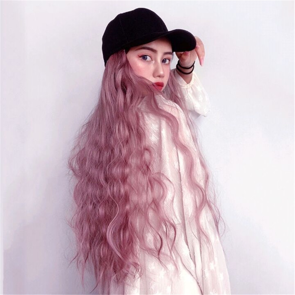 Korea Wig Panjang Topi Baseball One-piece Curly Wig Wanita Perempuan Besar Bergelombang Ekstensi Rambut 65cm