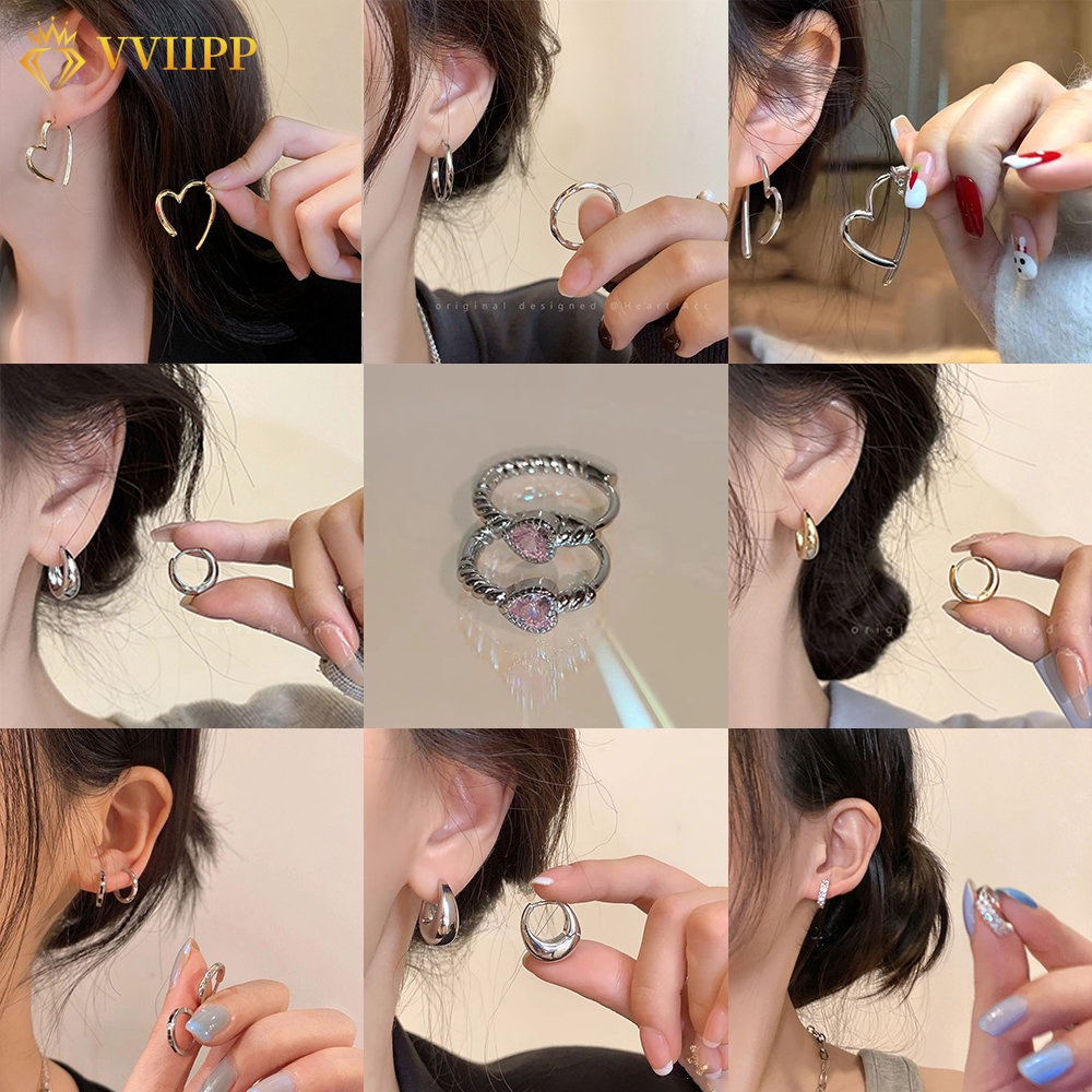 Anting Hoop Hati Hollow Bulat Sederhana Kristal Emas Silver Earring Untuk Aksesoris Perhiasan Wanita