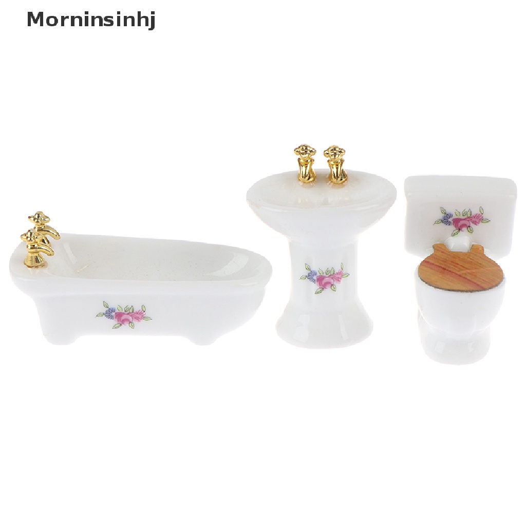 Mornin 3Pcs 1: 24rumah Boneka Miniatur Kamar Mandi Set Porselen Bathtub Toilet Wastafel Rumput id