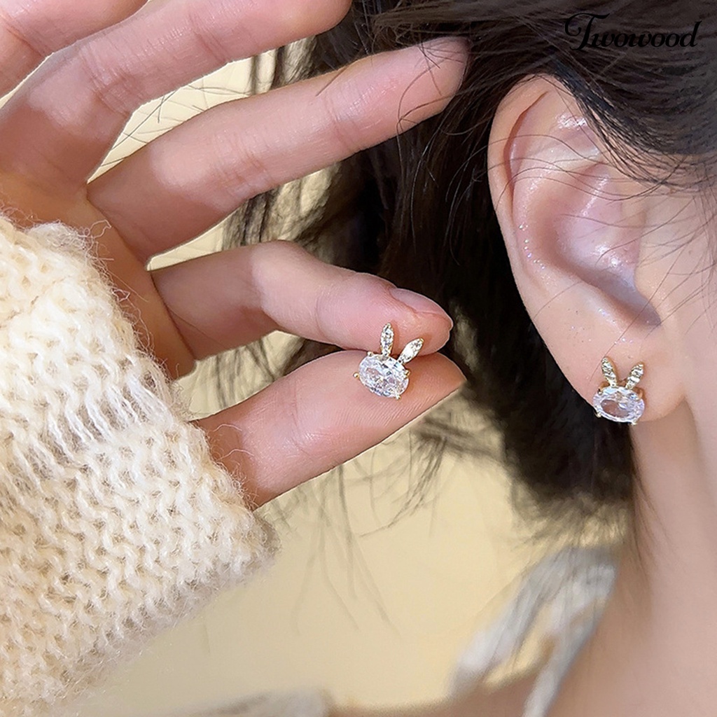 Twowood 1pasang Ear Studs Lucu Elegan Mini Hypoallergenic Berlian Imitasi Tertanam Kelinci Wanita Anting Fashion Perhiasan