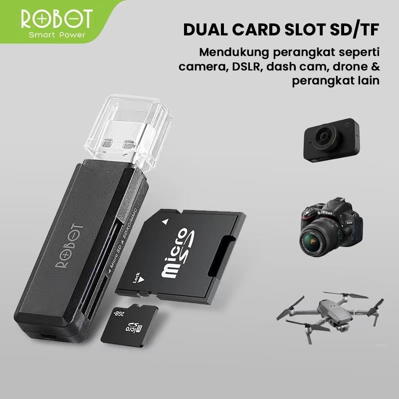 Card Reader ROBOT CR102 USB 3.0 TF / SD with 2 Slot Hub Black - Garansi Resmi 1 Tahun