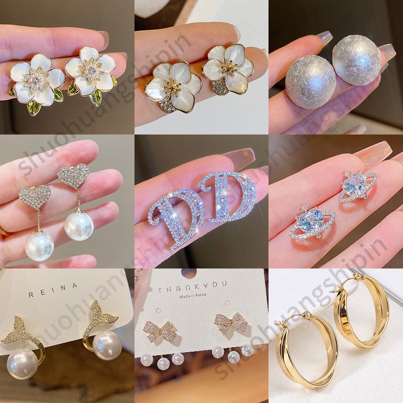 Jepang Korea Temperamen Sederhana Elegan Bunga Cinta Berlian Imitasi Mutiara Anting Fashion