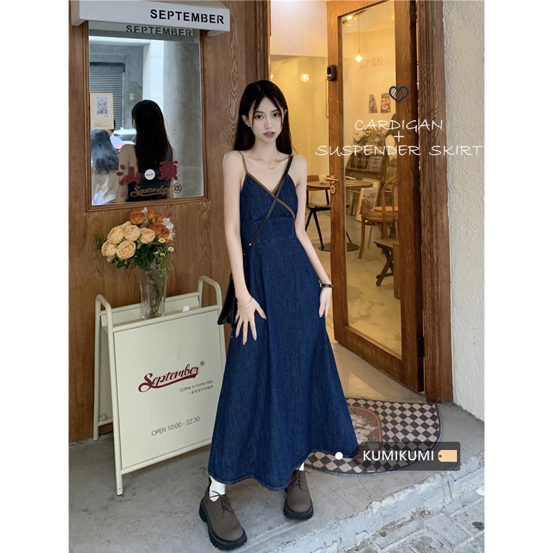 Red Kumikumi retro gaun denim gaya Hong Kong wanita musim semi pinggang pelangsing rok A-line rok suspender mid-length