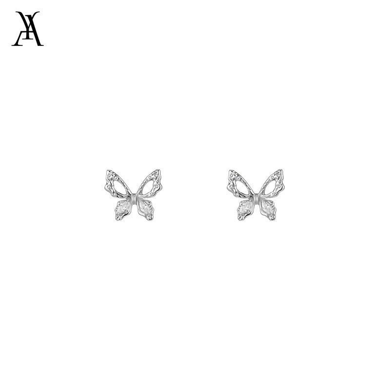 AY(CN) Anting Stud Desain Kupu-Kupu Aksen Berlian Model Hollow Warna Silver Untuk Wanita