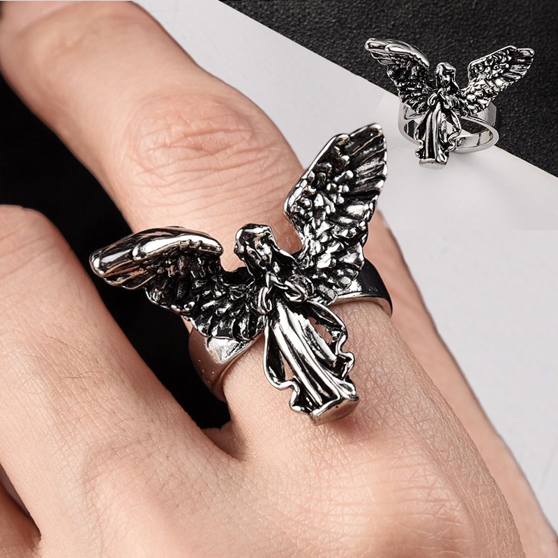 Punk Perak Malaikat Pembukaan Cincin Untuk Pria Wanita/Fashion Hip Hop Adjustable Pasangan Rings Pesta Perhiasan Unik